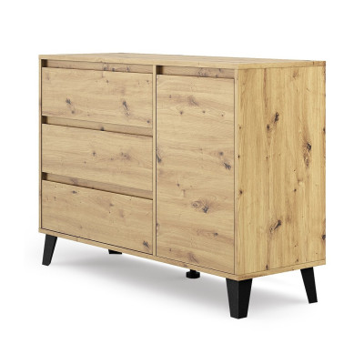 Komoda SCA-1D3S Nowoczesna Komoda z Czarnymi Nóżkami, 3 Szuflady, 1 Drzwi - Kolor: Dąb Artisan