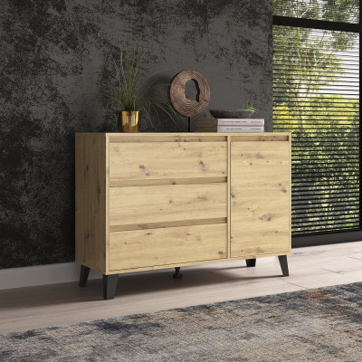 Komoda SCA-1D3S Nowoczesna Komoda z Czarnymi Nóżkami, 3 Szuflady, 1 Drzwi - Kolor: Dąb Artisan 2
