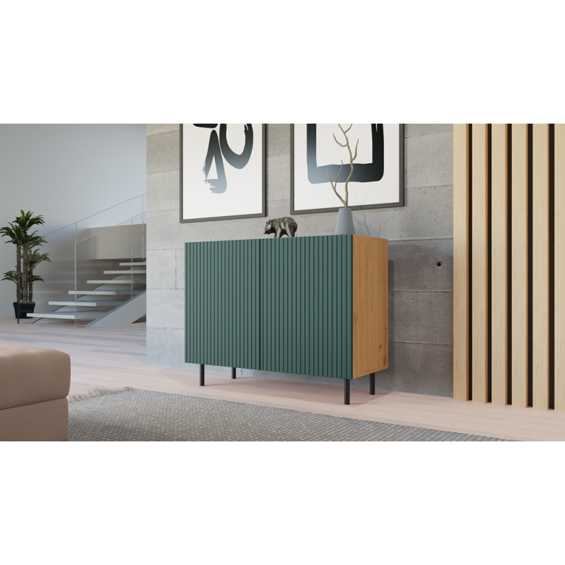 Nowoczesna Komoda KAMA-2D SLIM z Ryflowanymi Frontami i 2 Drzwiami - Kolor: Artisan - Zieleń