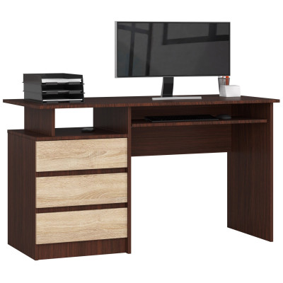 Biurko wolnostojące z szufladami i półką na klawiaturę BONAO 135 cm - do biura i domu - Rodzaj frontów: Mat - Kolor: Wenge - Sonoma