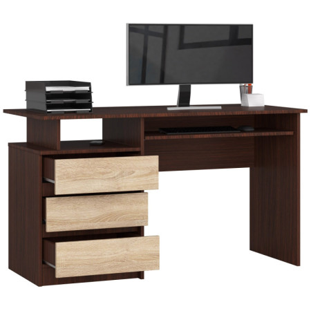 Biurko wolnostojące z szufladami i półką na klawiaturę BONAO 135 cm - do biura i domu - Rodzaj frontów: Mat - Kolor: Wenge - Sonoma