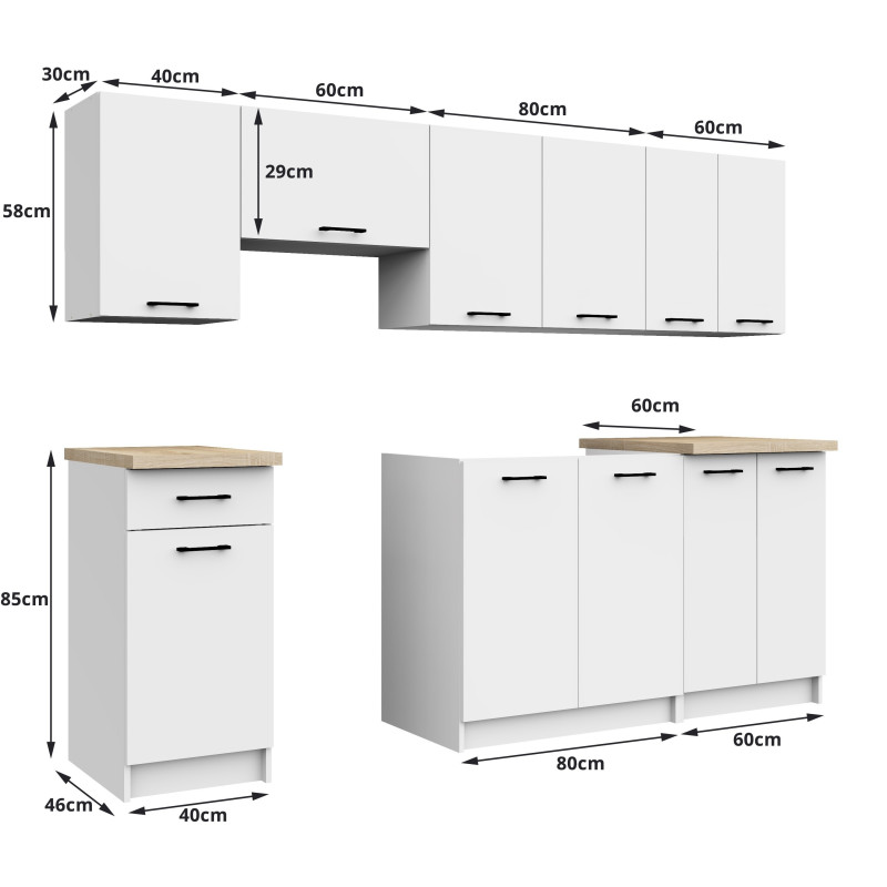 Meble kuchenne ARO 2.4M zestaw szafek z blatem 60 cm, system modułowy do kuchni - Rodzaj frontów: Mat - Kolor: Biały