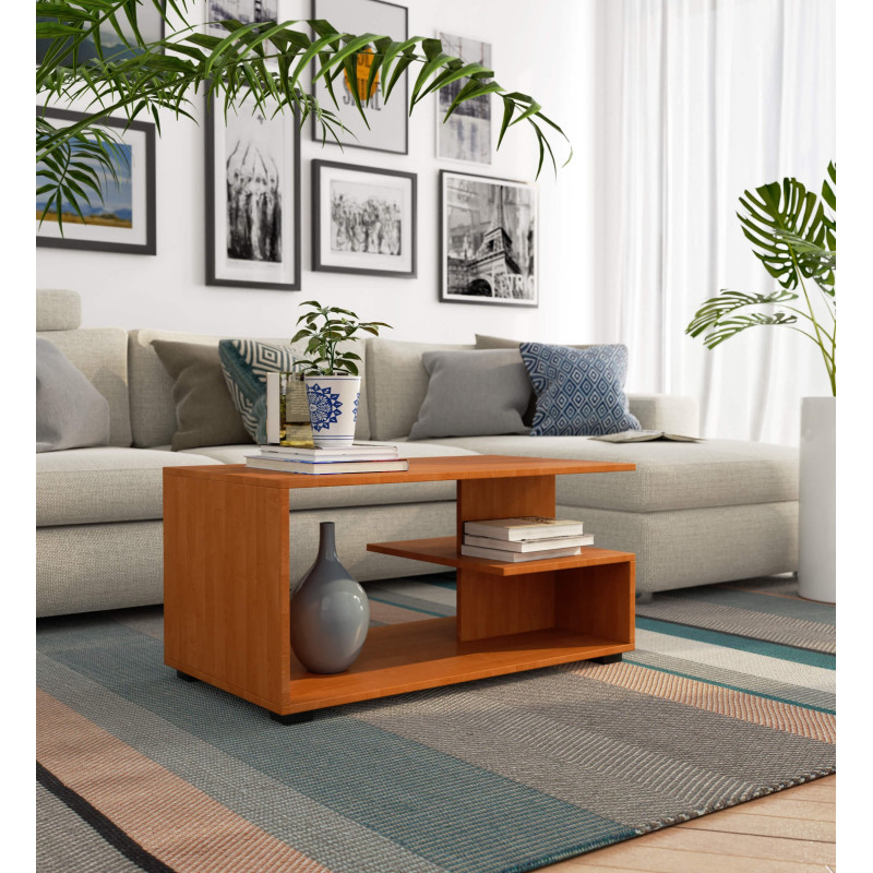 Ława kawowa TENA – stolik do salonu z designerskim kształtem i praktycznymi półkami - Rodzaj frontów: Mat - Kolor: Olcha Górska