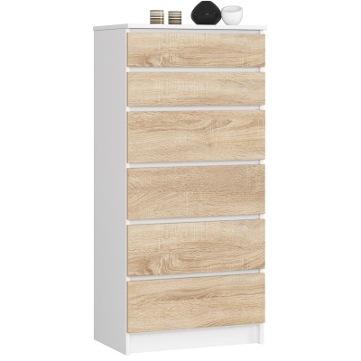 Komoda K60 6 szuflad BONAO, kompaktowa, fronty MDF, metalowe prowadnice, obrzeże ABS - Rodzaj frontów: Mat - Kolor: Biały - Sonoma