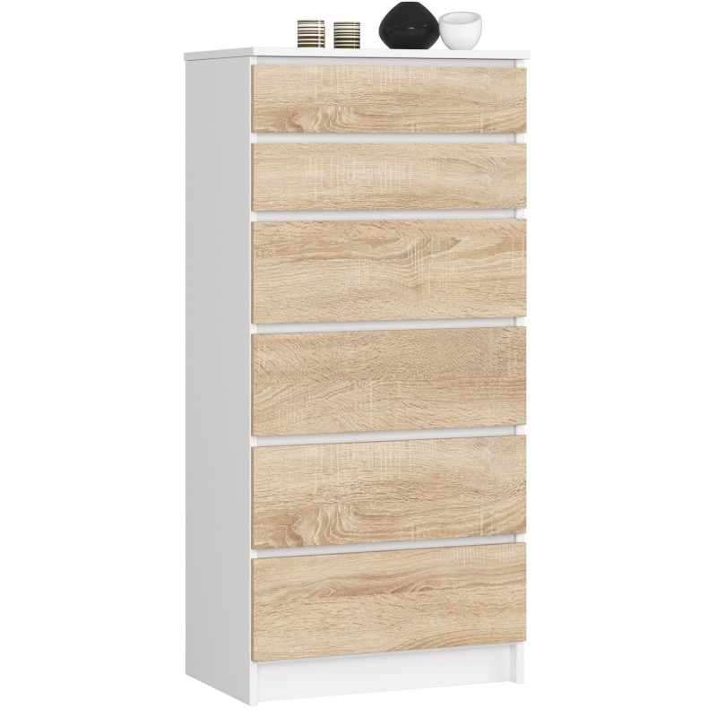 Komoda K60 6 szuflad BONAO, kompaktowa, fronty MDF, metalowe prowadnice, obrzeże ABS - Rodzaj frontów: Mat - Kolor: Biały - Sonoma