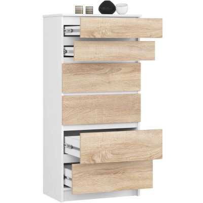 Komoda K60 6 szuflad BONAO, kompaktowa, fronty MDF, metalowe prowadnice, obrzeże ABS - Rodzaj frontów: Mat - Kolor: Biały - Sonoma 2