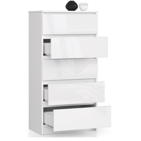 Komoda K60 5SZ BONAO – kompaktowa, wysoka komoda z pięcioma szufladami - Rodzaj frontów: Połysk - Kolor: Biały