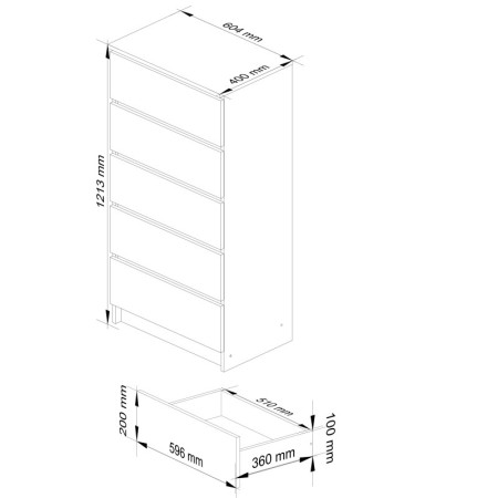 Komoda K60 5SZ BONAO – kompaktowa, wysoka komoda z pięcioma szufladami - Rodzaj frontów: Połysk - Kolor: Biały