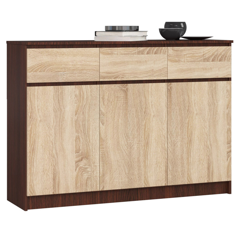 Komoda K140 3 drzwi 3 szuflady, pojemna, metalowe prowadnice, obrzeże ABS, system BONAO - Rodzaj frontów: Mat - Kolor: Wenge - Sonoma