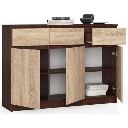 Komoda K140 3 drzwi 3 szuflady, pojemna, metalowe prowadnice, obrzeże ABS, system BONAO - Rodzaj frontów: Mat - Kolor: Wenge - Sonoma