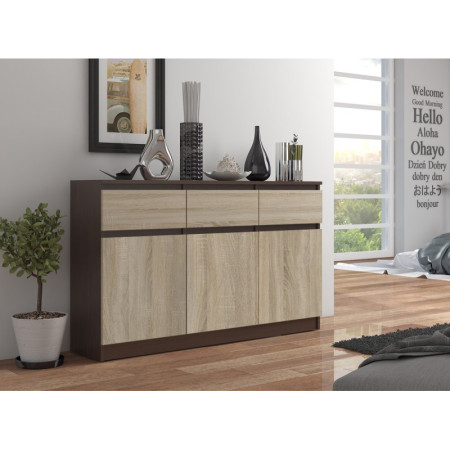 Komoda K140 3 drzwi 3 szuflady, pojemna, metalowe prowadnice, obrzeże ABS, system BONAO - Rodzaj frontów: Mat - Kolor: Wenge - Sonoma