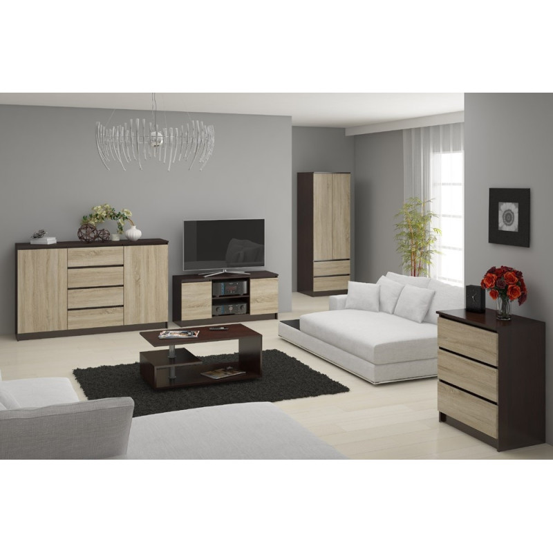 Komoda K140 3 drzwi 3 szuflady, pojemna, metalowe prowadnice, obrzeże ABS, system BONAO - Rodzaj frontów: Mat - Kolor: Wenge - Sonoma