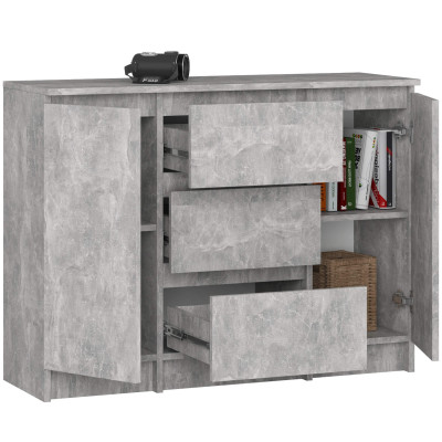 Komoda K100 2D 3SZ PK BONAO – funkcjonalna komoda z trzema szufladami i dwiema szafkami - Rodzaj frontów: Mat - Kolor: Beton 2