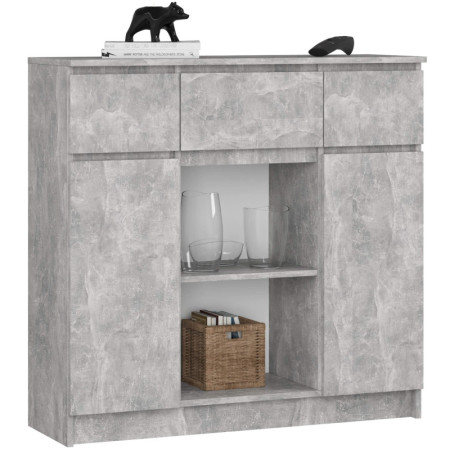 Komoda K100 2D 3SZ 1P PK BONAO – pojemna komoda z trzema szufladami, dwiema szafkami i dwiema półkami - Rodzaj frontów: Mat - Kolor: Beton