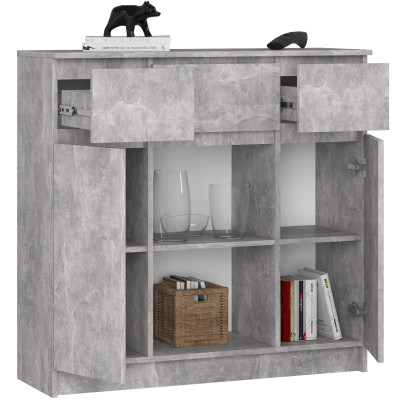 Komoda K100 2D 3SZ 1P PK BONAO – pojemna komoda z trzema szufladami, dwiema szafkami i dwiema półkami - Rodzaj frontów: Mat - Kolor: Beton 2