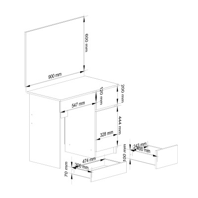 Toaletka kosmetyczna z lustrem i szufladami BONAO P-2/SL 900x600 cm - Rodzaj frontów: Mat - Kolor: Biały - Układ: Prawy 2
