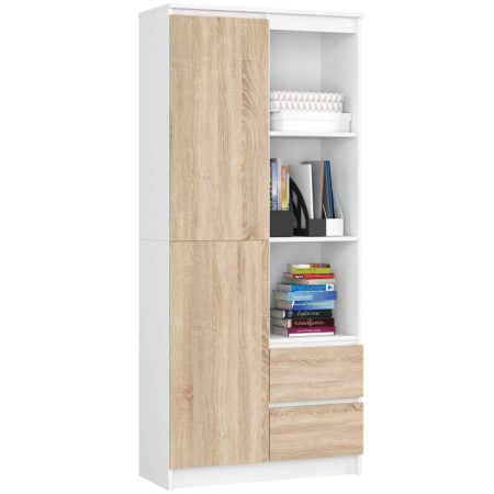 Regał biurowy R 80 cm BONAO R11 PK – 6 półek, dwie szuflady, 180 cm - Rodzaj frontów: Mat - Kolor: Biały - Sonoma