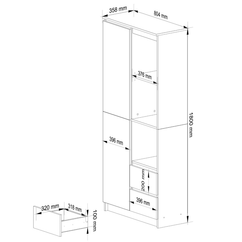 Regał biurowy R 80 cm BONAO R11 PK – 6 półek, dwie szuflady, 180 cm - Rodzaj frontów: Mat - Kolor: Biały - Sonoma
