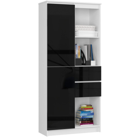 Regał biurowy R 80 cm BONAO R15 PK – 7 półek, 2 szuflady, 180 cm - Rodzaj frontów: Połysk - Kolor: Biały - Czarny