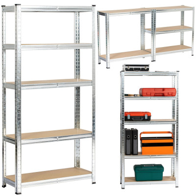 Zestaw 2 regałów metalowych 70x30x154 cm, stalowa konstrukcja, półki MDF, nośność 175 kg, regały do garażu i warsztatu - Rodzaj frontów: Połysk - Kolor: Srebrny 2