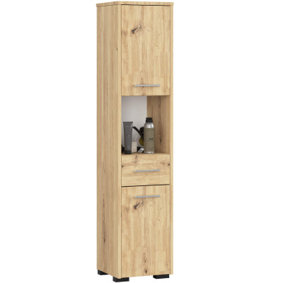 Słupek regał łazienkowy LOA 2D 1SZ 1W PK – szafka z szufladą i półkami do łazienki - Rodzaj frontów: Mat - Kolor: Dąb Artisan
