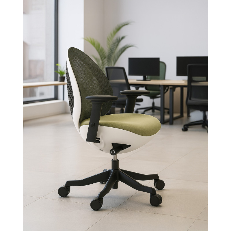 Fotel ergonomiczny OVO EGG, podłokietniki 3D - Kolor Obicia: BL411 Olive (Oliwkowy) - Kolor Siatki: NW46 Olive (Oliwkowy) - Kolor Stelaża: Biały - Rodzaj Obicia: Tkanina BL