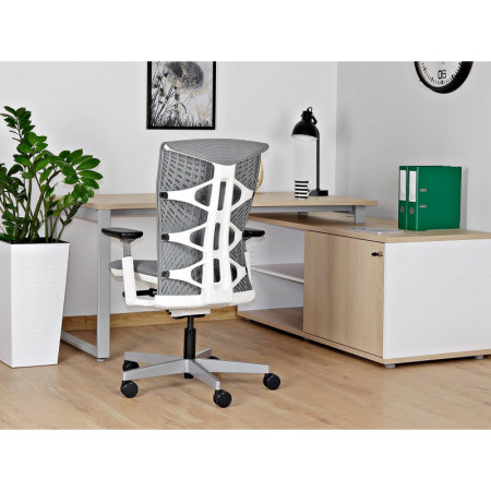 Fotel ergonomiczny REYA M - podłokietniki 3D, mechanizm SYNCHRON - Kolor Siatki: RS02 Szary - Kolor Stelaża: Biały - Rodzaj Obicia: Siatka RS