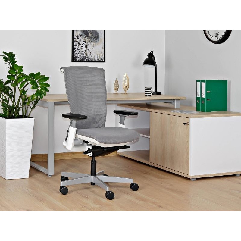 Fotel ergonomiczny REYA M - podłokietniki 3D, mechanizm SYNCHRON - Kolor Siatki: RS02 Szary - Kolor Stelaża: Biały - Rodzaj Obicia: Siatka RS