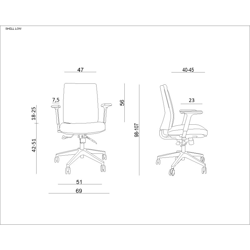 Fotel ergonomiczny bez zagłówka SHELL LOW — udźwig 130 kg