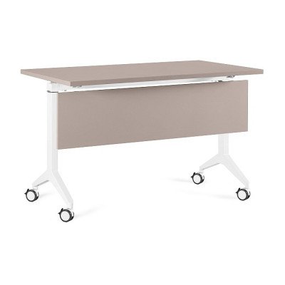 Biurko składane Yumi S z panelem maskującym – blat MFC 25 mm, kółka 65 mm, 80 kg - Kolor: Beżowy - Kolor Stelaża: Biały - Rozmiar blatu: 120x70 cm