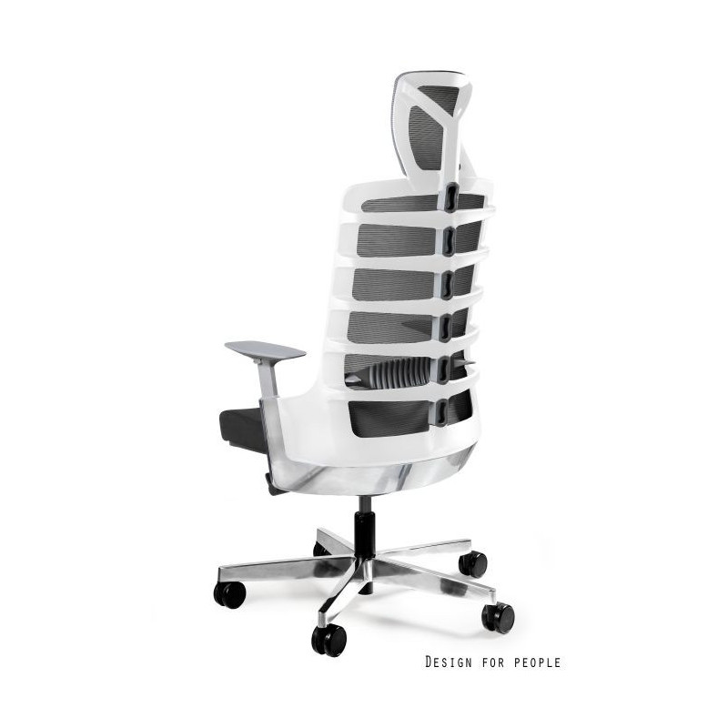 Fotel ergonomiczny SPINELLY z zagłówkiem — mechanizm samoważący, regulacja siedziska i podparcia lędźwiowego, certyfikaty BIFMA - Kolor Obicia: BL418 Black (Czarny) - Kolor Stelaża: Biały - Rodzaj Obicia: Tkanina BL