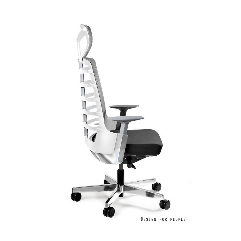 Fotel ergonomiczny SPINELLY z zagłówkiem — mechanizm samoważący, regulacja siedziska i podparcia lędźwiowego, certyfikaty BIFMA - Kolor Obicia: BL418 Black (Czarny) - Kolor Stelaża: Biały - Rodzaj Obicia: Tkanina BL