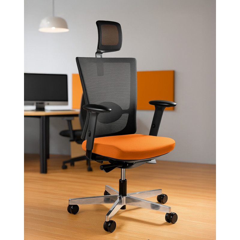 Fotel obrotowy FORTE — siatka, mechanizm SYNCHRON, regulacja podłokietników i zagłówka, 130 kg - Kolor Obicia: BL405 Mandarin (Mandarynkowy) - Rodzaj Obicia: Tkanina BL