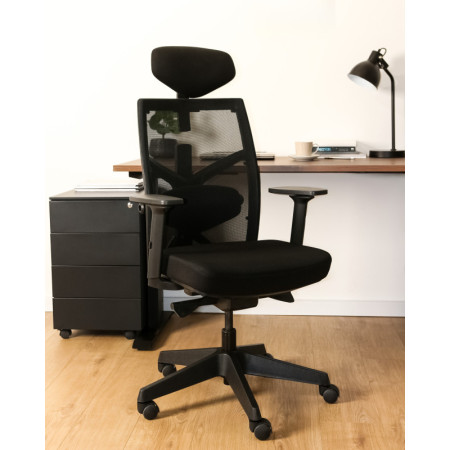 Fotel ergonomiczny TUNE — mechanizm SYNCHRON, podłokietniki 3D, wysuw siedziska, 130 kg - Kolor Obicia: BL418 Black (Czarny) - Kolor Stelaża: Czarny - Rodzaj Obicia: Tkanina BL - Kolor Siatki: AK61 Czarny