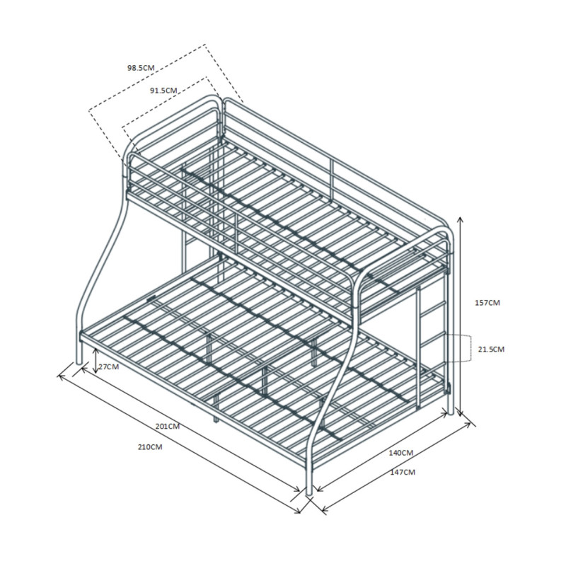 Łóżko piętrowe metalowe 140x200 + 90x200 NLZ008 - Kolor: Czarny