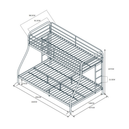Łóżko piętrowe metalowe 140x200 + 90x200 NLZ008 - Kolor: Czarny
