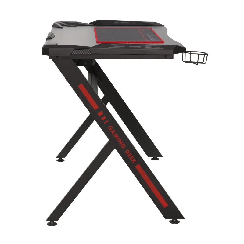 Biurko gamingowe NBI012 z oświetleniem LED i HUB USB 120×60 cm - Kolor: Czarny - Kolor Detali: Czerwony
