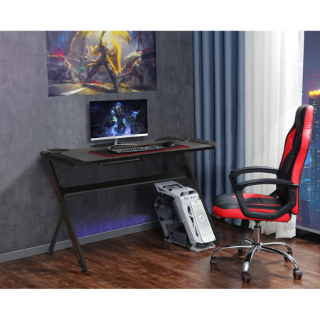 Biurko gamingowe NBI012 z oświetleniem LED i HUB USB 120×60 cm - Kolor: Czarny - Kolor Detali: Czerwony