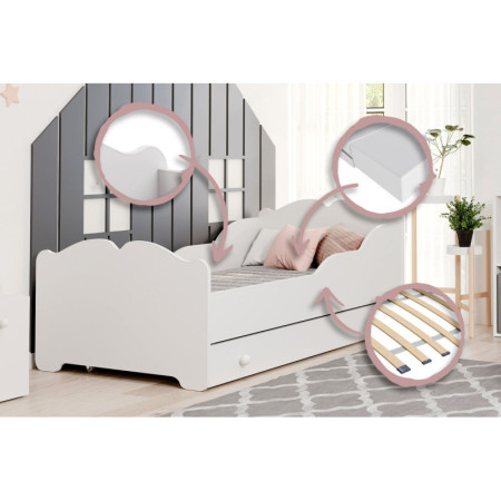 Bezpieczne Łóżko Dziecięce ANNA z Materacem – Do Pokoju Dziewczynki - Kolor: Biały - Rozmiar łóżka: 160x80 cm - Opcje łóżka: Z Szufladą