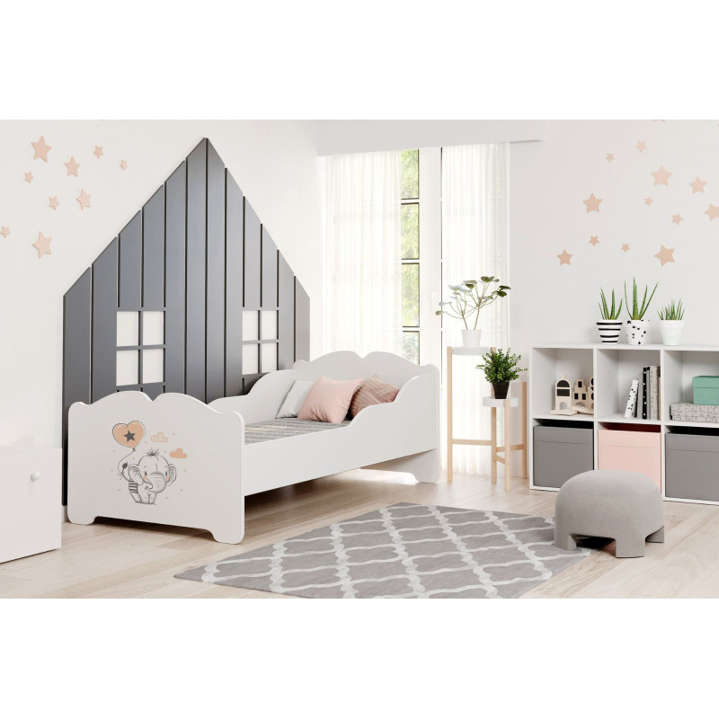 Łóżko Dziecięce ANNA z Materacem – Wzór Słonik z Balonem - Kolor: Biały - Rozmiar łóżka: 160x80 cm - Opcje łóżka: Bez Szuflady