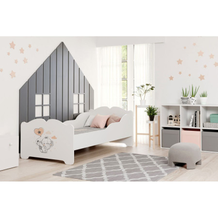 Łóżko Dziecięce ANNA z Materacem – Wzór Słonik z Balonem - Kolor: Biały - Rozmiar łóżka: 160x80 cm - Opcje łóżka: Bez Szuflady