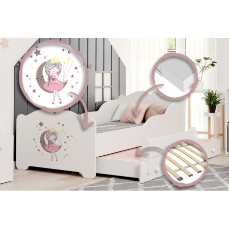 Łóżko Dziecięce ANNA z Materacem – Wzór Śpiąca Księżniczka - Kolor: Biały - Rozmiar łóżka: 160x80 cm - Opcje łóżka: Podwójne