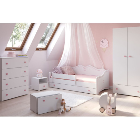 Łóżko Dziecięce dla Dziewczynki EMMA-DREAM z Barierką i Materacem - Kolor: Biały - Kolor Detali: Różowy - Opcje łóżka: Z Szufladą - Rozmiar łóżka: 180x80 cm