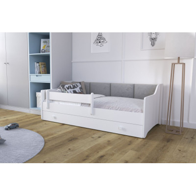 Łóżko Dziecięce z Panelami Tapicerowanymi ERYK + Materac - Kolor: Biały - Kolor Detali: Szary - Rozmiar łóżka: 160x80 cm - Opcje łóżka: Z Szufladą 2