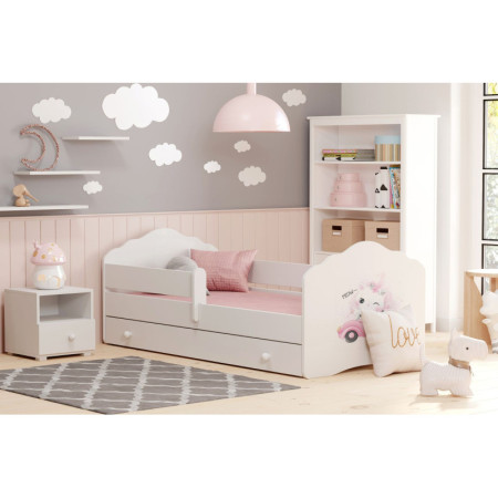Łóżko Dziecięce FALA z Barierką i Motywem Kotka w Autku - Kolor: Biały - Rozmiar łóżka: 160x80 cm - Opcje łóżka: Z Szufladą