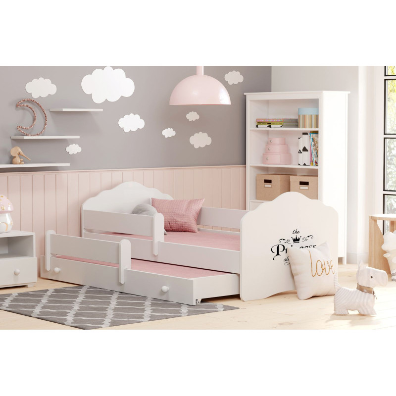 Łóżko Dziecięce z Barierką FALA – Motyw Princess Sleeps Here - Kolor: Biały - Rozmiar łóżka: 160x80 cm - Opcje łóżka: Podwójne