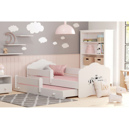 Łóżko Dziecięce z Barierką FALA – Motyw Princess Sleeps Here - Kolor: Biały - Rozmiar łóżka: 160x80 cm - Opcje łóżka: Podwójne