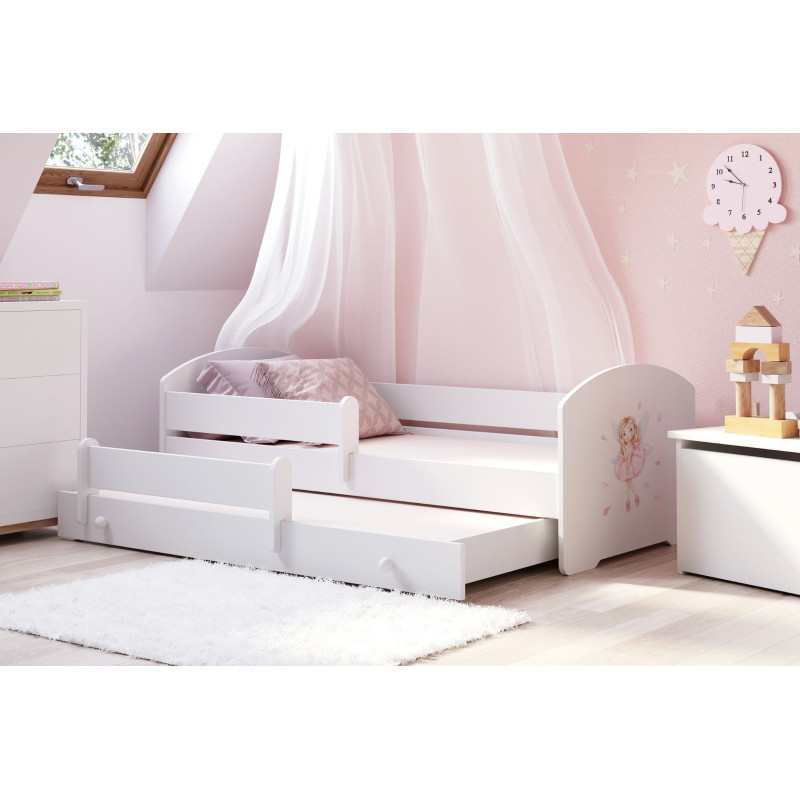 Bezpieczne Łóżko Dziecięce LUK z Grafiką Wróżka i Barierką - Kolor: Biały - Rozmiar łóżka: 160x80 cm - Opcje łóżka: Podwójne