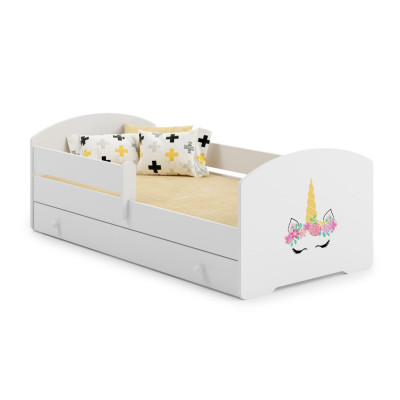 Bezpieczne Łóżko Dziecięce LUK z Grafiką Jednorożec i Barierką - Kolor: Biały - Rozmiar łóżka: 140x70 cm - Opcje łóżka: Z Szufladą