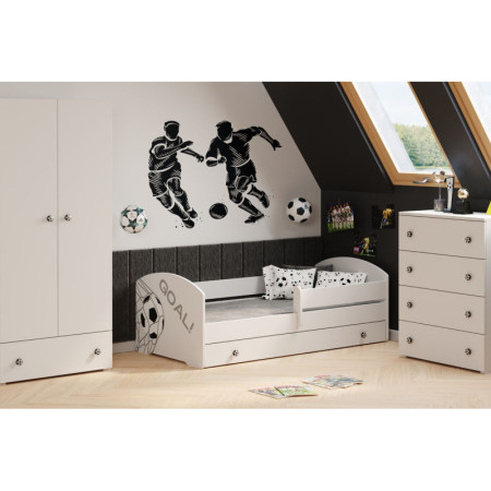 Bezpieczne Łóżko Dziecięce Piłkarskie LUK GOAL z Szufladą i Barierką - Kolor: Biały - Rozmiar łóżka: 140x70 cm - Opcje łóżka: Z Szufladą